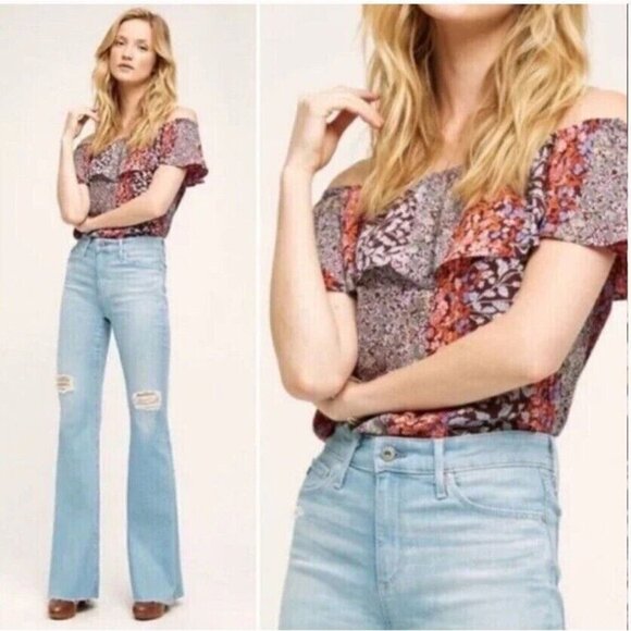 Anthropologie Mauve Chiffon Off The Shoulder Floral Blouse Top Women’s XS - Picture 5 of 8